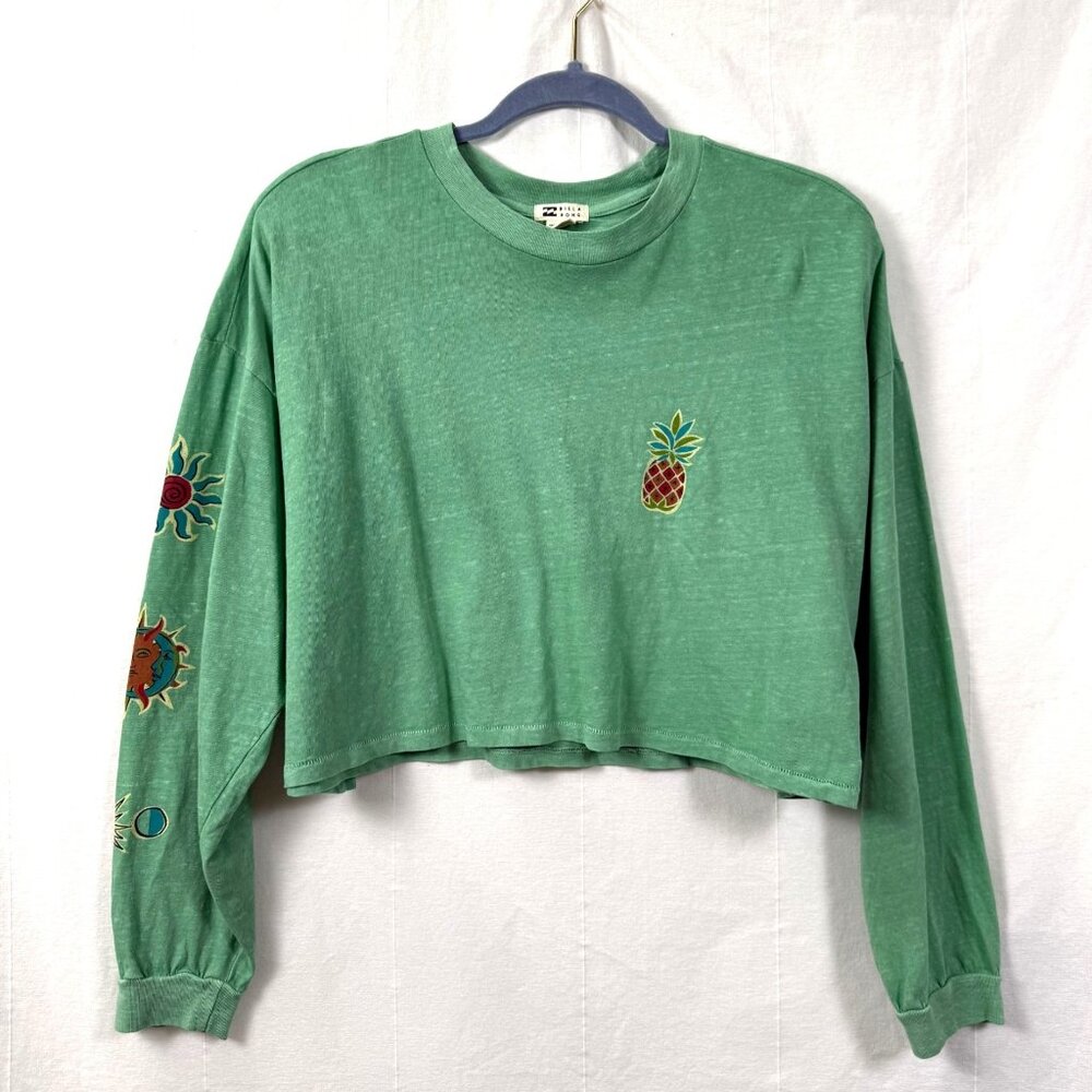 Billabong Beach Boyfriend Crop Top Sz XS Long Sleeve Crewneck Pineapple Graphic